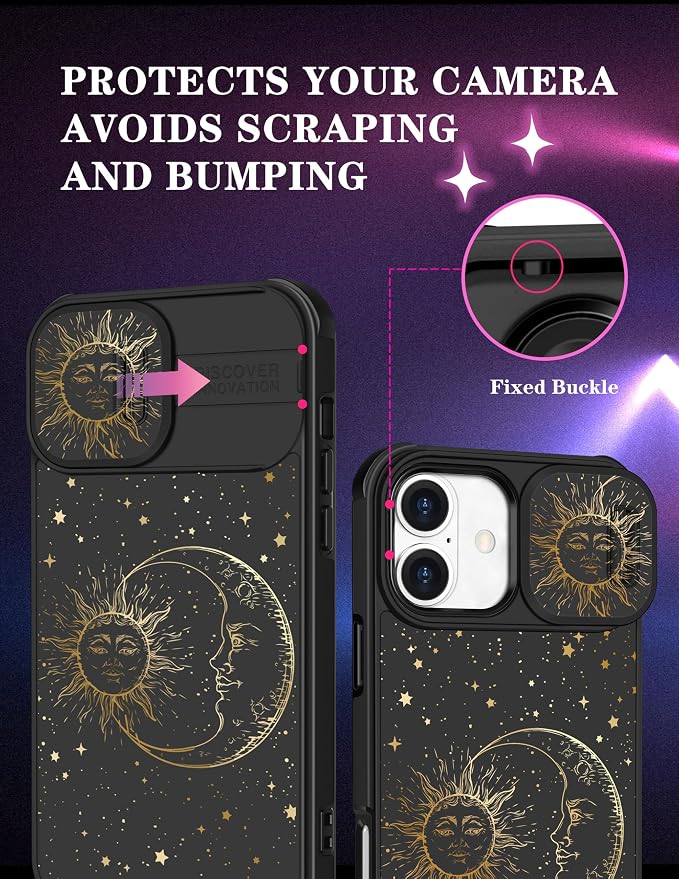 for iPhone 16 Case - Women Cute Phone Cover Girly Pretty Fancy Unique Aesthetic Design Slide Camera Cover Protective Case for Apple for iPhone 16,Sun and Moon - Image 3