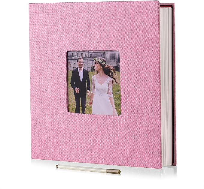 HoneyTolly Large Photo Album Self Adhesive, DIY Scrapbook Album for 3x5 4x6 8x10 Pictures, 60 Pages Linen Cover Memory Book, Ideal Gift for Family Wedding Baby Christmas Anniversary(Pink) by HoneyTolly