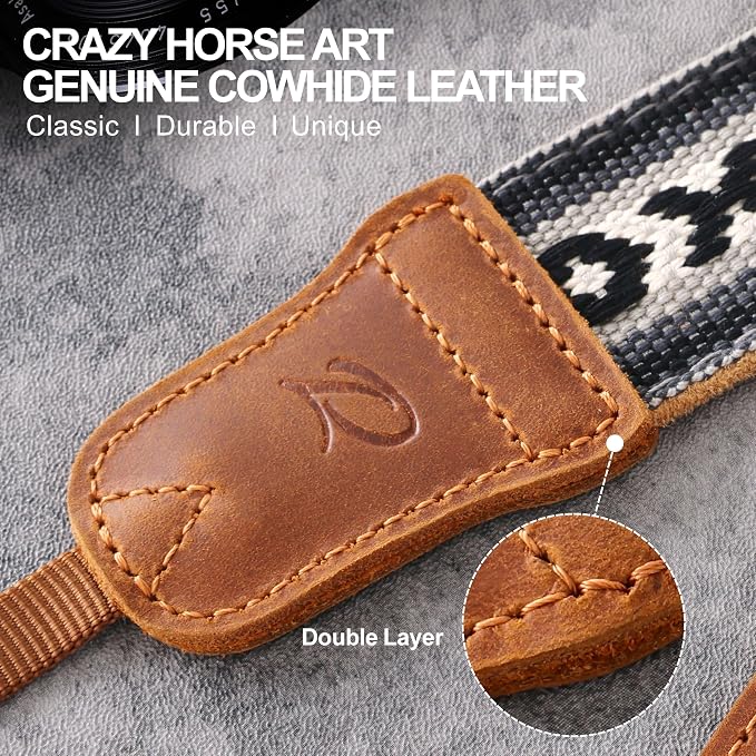 Padwa Lifestyle Camera Strap - 1.5" Crazy Horse Cowhide Ends Embroidered Camera Straps for Photographers, Cute Cotton Weave Soft Suede Fabric Padded Strap fits All Cameras for Adults & Kids - Image 3