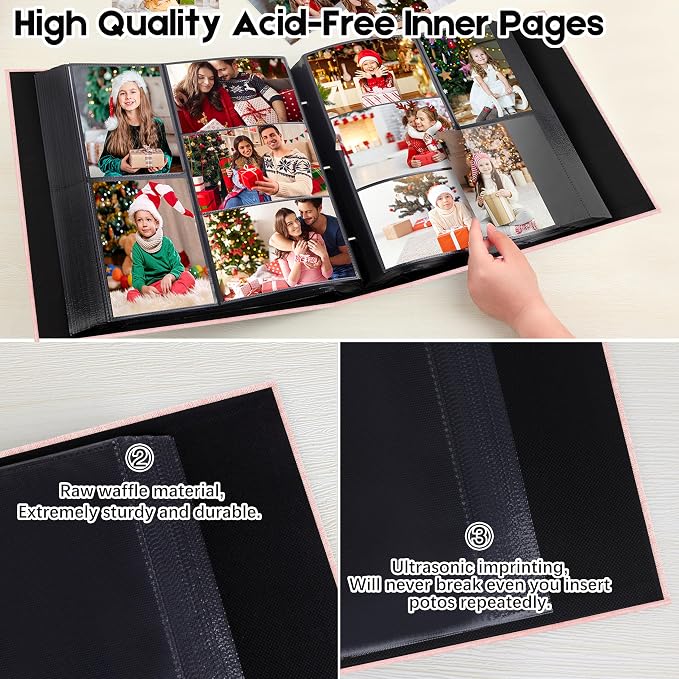 Aevdor Large Capacity 4x6 Photo Album, 1000 Photos, Linen Cover, Pink | 3 Horizontal + 2 Vertical per Side, Acid-Free Black Inner Pages, Front Display Window, Family, Wedding & Everyday Photos - Image 8