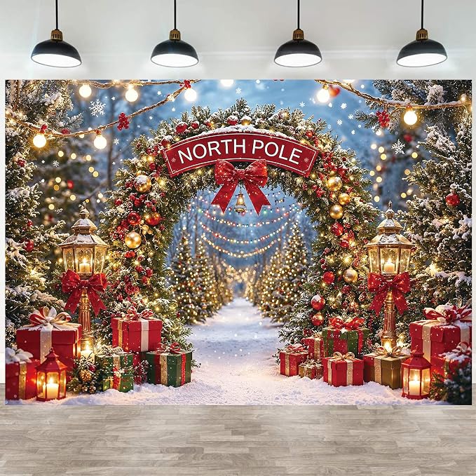 Christmas North Pole Photography Backdrop,Winter Aurora Borealis Snowy Forest Scene Background with Street Lamps,Xmas Party Decor Photo Booth Props(10x8ft) - Image 3