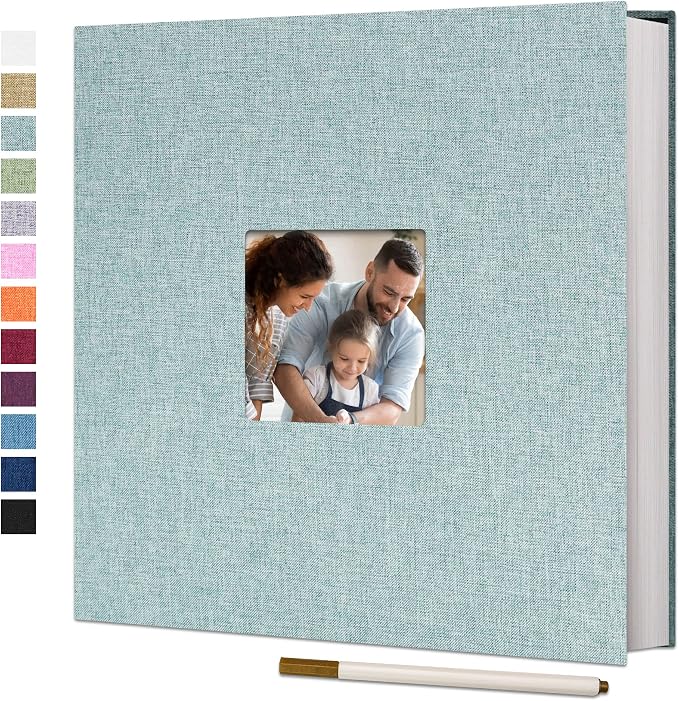 Vienrose Self Adhesive Photo Album with Window 13x12.6 60 Pages Turquoise | Linen Cover, Scrapbook, Fits 4X6 8X10 10X12 Pictures, Metallic Pen, Diy by Vienrose