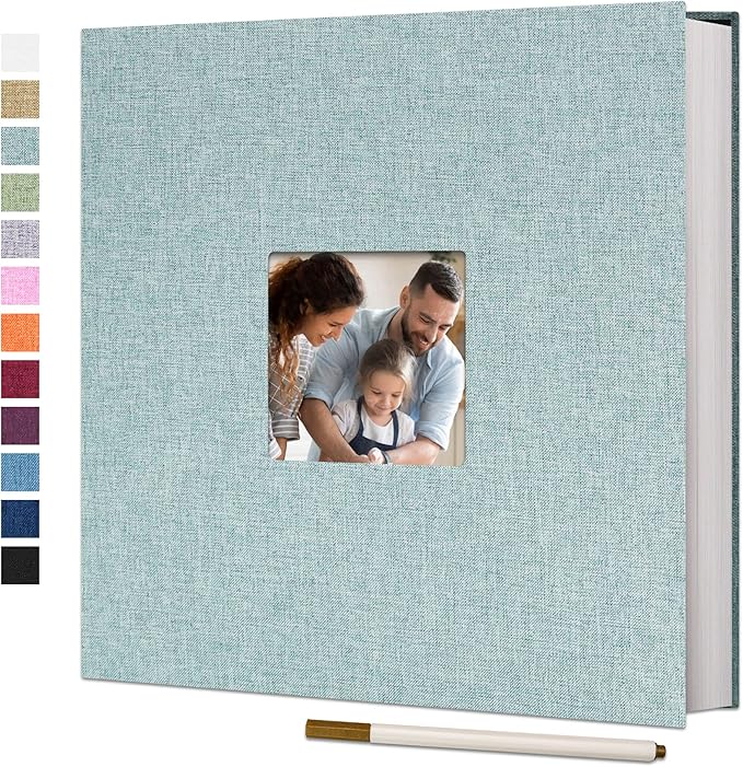 Vienrose Self Adhesive Photo Album with Window 11x10.6 60 Pages Turquoise | Linen Cover, Scrapbook, Fits 4X6 8X10 Pictures, Metallic Pen Included, Diy by Vienrose