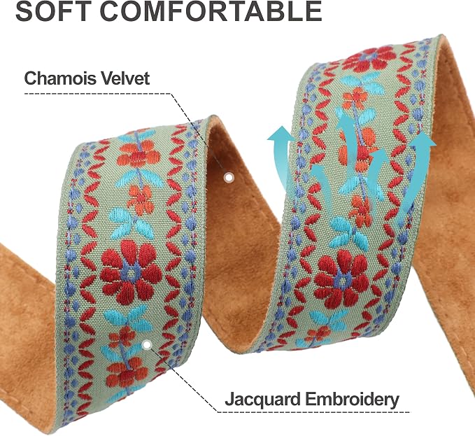 Padwa Lifestyle Embroidered Floral Camera Strap - 1.5" Crazy Horse Cowhide Ends Camera Straps for Photographers, Cute Cotton Weave Soft Suede Fabric Padded Strap fits All Cameras for Adults & Kids - Image 4