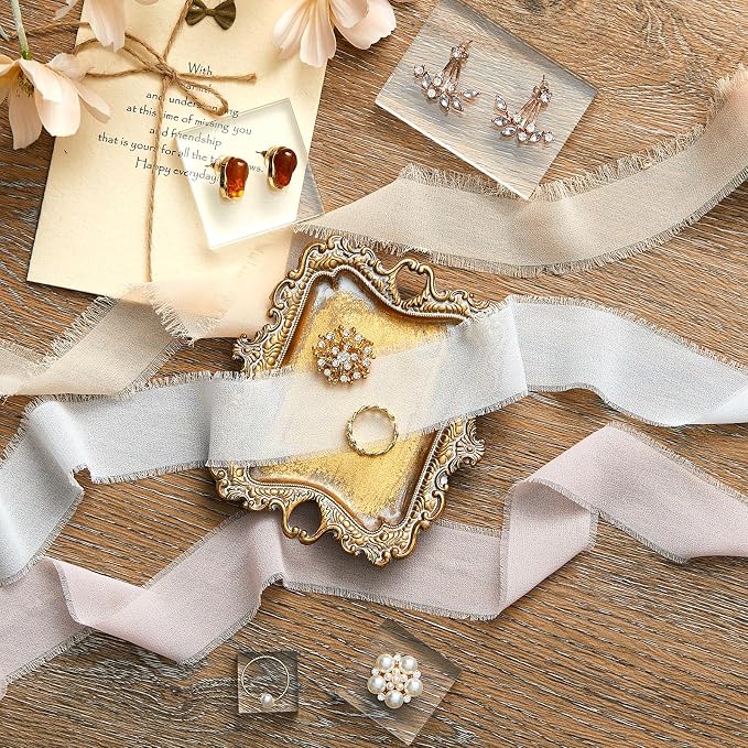 Cinnvoice 8 Pcs Flat Lay Photography Props Set for Jewelry & Wedding Details, Vintage Jewelry Tray, Acrylic Display Blocks, Chiffon Silk Ribbon for Bridal Party Decor Gift(4 Square Bases) - Image 3