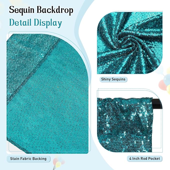 SquarePie 8x8ft Teal Sequin Backdrop, High Density Non-Transparent Glitter Curtain for Photography, Birthday, Wedding Party Decorations, Thick Solid Background with 4" Rod Pocket, 1 Panel - Image 3