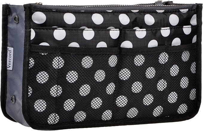 Vercord Purse Organizer Insert for Handbags Bag Organizers Inside Tote Pocketbook Women Nurse Nylon 13 Pockets Black Dots Large by Vercord