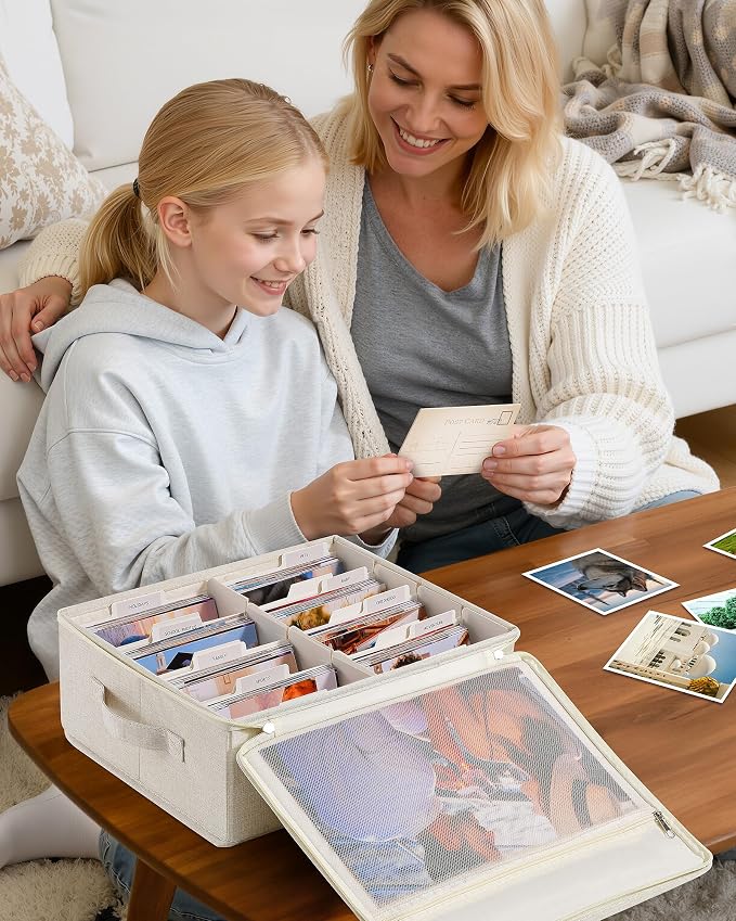 HULISEN Photo Storage Box, Photo Organizer for 2000 4x6 Pictures, Beige | Linen Keepsake Box with Zipper Lid & 8 Dividers, Label Cards Included, Mesh Pocket for Larger Prints, Family Memory Storage - Image 6