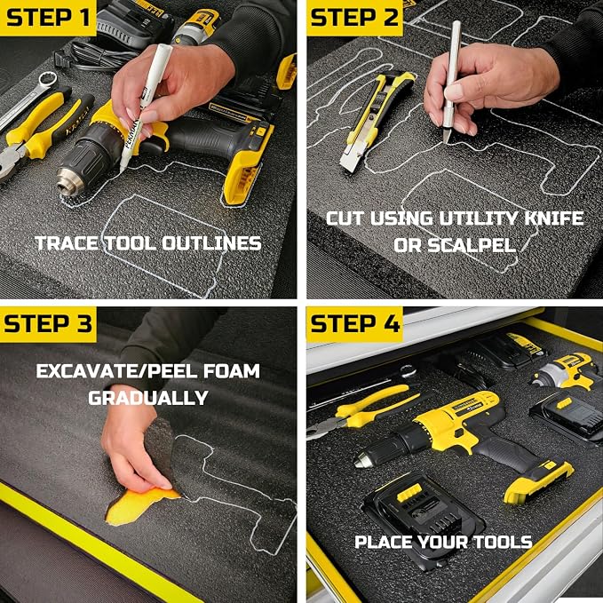 ONREVA Tool Box Foam Organizer 16x12x2 inch 3Pack, Kaizen Sheets for Pro Tool Control, Custom Tool Shadow Inserts for Cases & Drawers, High Density Polyethylene Foam, Black with Yellow - Image 4