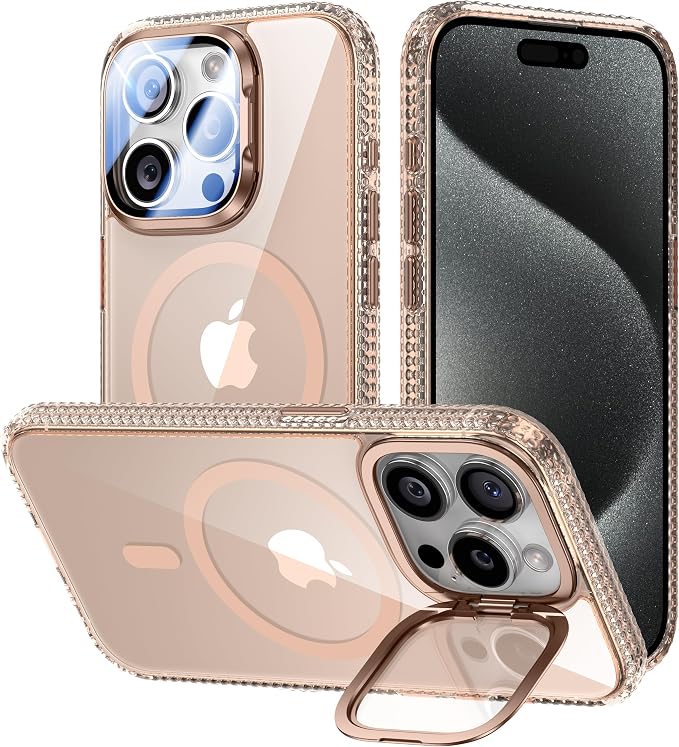 VOFATA [Upgraded] for iPhone 15 Pro Case with Camera Cover Stand [Fit for MagSafe][9H Camera Lens Protector] Mil-Grade Protection Transparent Magnetic iPhone 15 Pro Phone Case, Clear Gold by VOFATA