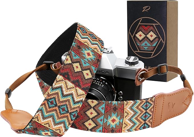 Padwa Lifestyle Camera Strap - 2" Cowhide Head Camera Straps for Photographers,Vintage Jacquard Embroidery Woven Cotton Adjustable Shoulder Neck Straps for Cameras,Binoculars（Cool Ethnic Style Brown） by PadwaLifestyleCameraStrap