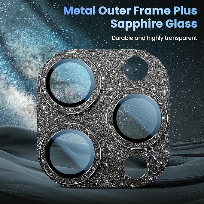 Uyiton for iPhone 16 Pro/iPhone 16 Pro Max Camera Lens Protector | Not Easy to Break, Strong Adsorption, Case-Friendly, Metal 9H Sapphire Glass Rear Camera Screen Cover, Glitter Black - Image 5