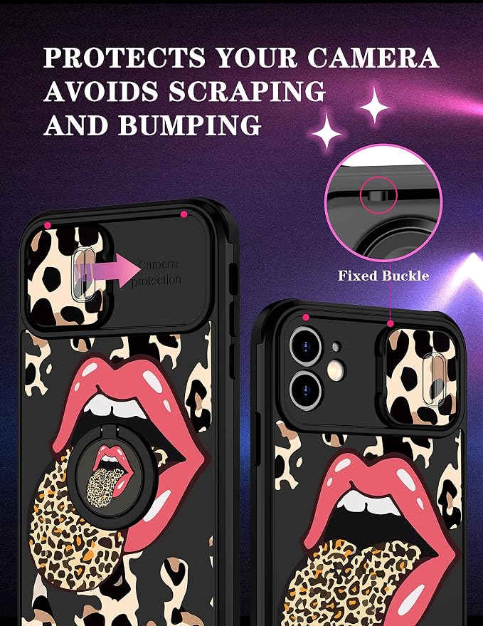 (2in1 for iPhone 11 Case Leopard Red Lip for Women Luxury Phone Cover Cute Cheetah Print Design with Slide Camera Cover Protective Black Brown Cases for iPhone 11 6.1'' - Image 3