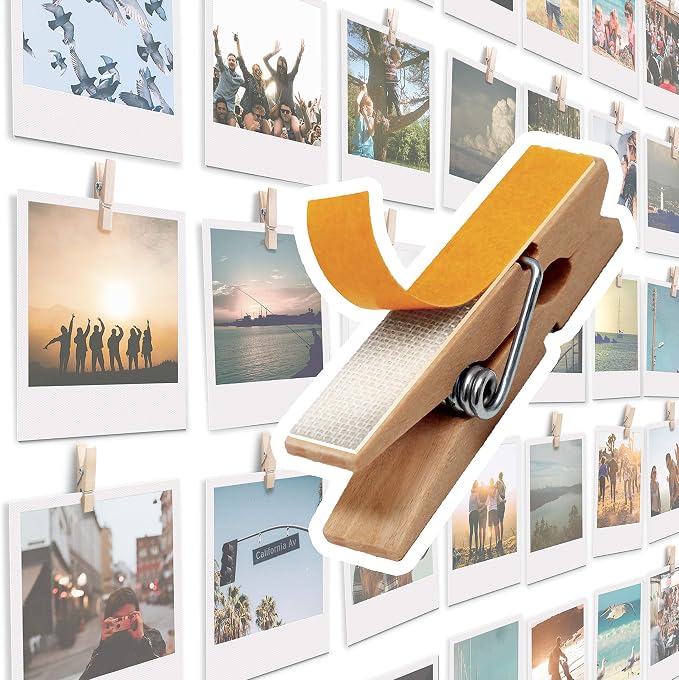 20 Pack Mini Self Adhesive Clips for Pictures - Beige Wood Clip Photo Holders for Wall, Poster Hanger, Photo Cards Hanging Display Board & Picture Boards, Artwork Photos Holders Hangers Room Decor by TOROS