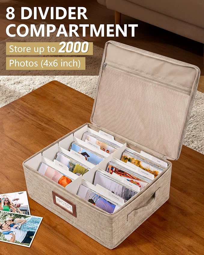 HULISEN Photo Storage Box, Photo Organizer for 2000 4x6 Pictures, Brown | Linen Keepsake Box with Zipper Lid, 8 Dividers, Label Cards Included, Mesh Pocket for Larger Prints, Family Memory Storage - Image 2