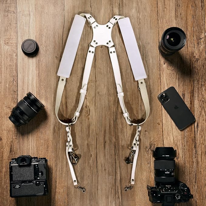Padwa Lifestyle White Dual Camera Harness Strap for Two Cameras - Dual Shoulder Full Grain Leather Harness,Multi Double Camera Gear with Thick Padded,Double Camera Harness for Photographers - Image 6