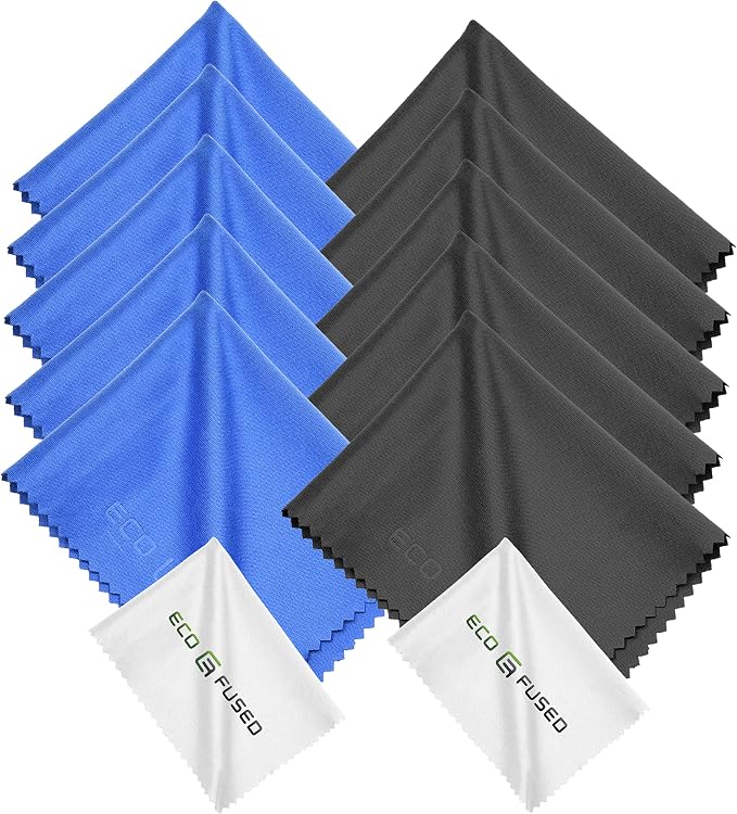 Eco-Fused Blue/Black Microfiber Cloth - 6x7 Inch - 12 Pack - Glasses & Lens Cleaning by Eco-Fused