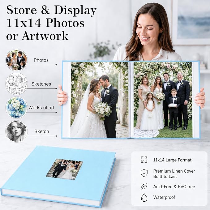Aevdor 11x14 Photo Album and Art Portfolio, 64 Photos, Linen Cover, Blue | Front Display Window, Clear 11x14 Sleeves for Oversized Prints, Certificates, Artwork & Drawings - Image 2