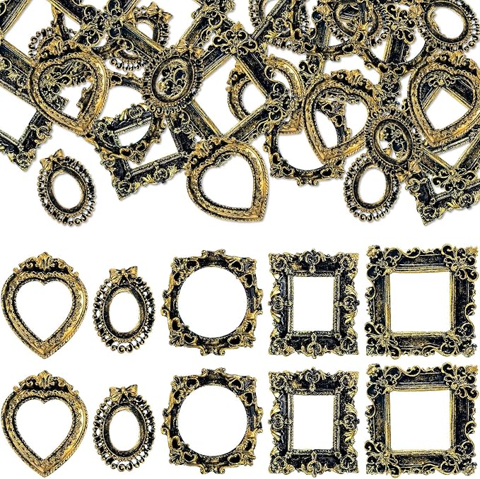 Vicenpal 40 Pcs Black Gold Mini Vintage Picture Frames Bulk | Small Vintage Photo Frames, Antique, Resin, Baroque, Ornate, Cute Wallet Size, for DIY Jewelry Gifts Christmas Wedding Decor by Vicenpal
