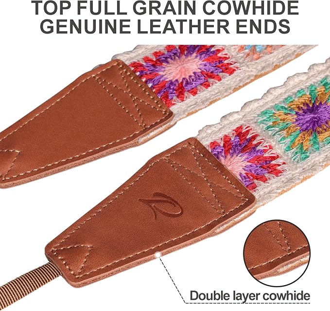 Padwa Lifestyle White Crochet Camera Strap - 2" Full Grain Leather Ends Camera Straps for Photographers, Vintage Embroidered Cotton Soft Suede Fabric Padded Strap with Quick Release fits All Cameras - Image 2