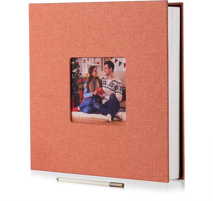 HoneyTolly Large Photo Album Self Adhesive with Picture Display Window, DIY Scrapbook Album for 4x6 8x10 Pictures, 40 Pages Linen Cover Memory Book with Scraper and Metallic Pen(Orange) by HoneyTolly