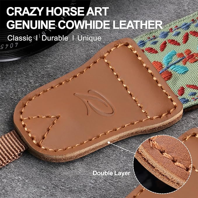 Padwa Lifestyle Embroidered Floral Camera Strap - 1.5" Crazy Horse Cowhide Ends Camera Straps for Photographers, Cute Cotton Weave Soft Suede Fabric Padded Strap fits All Cameras for Adults & Kids - Image 3