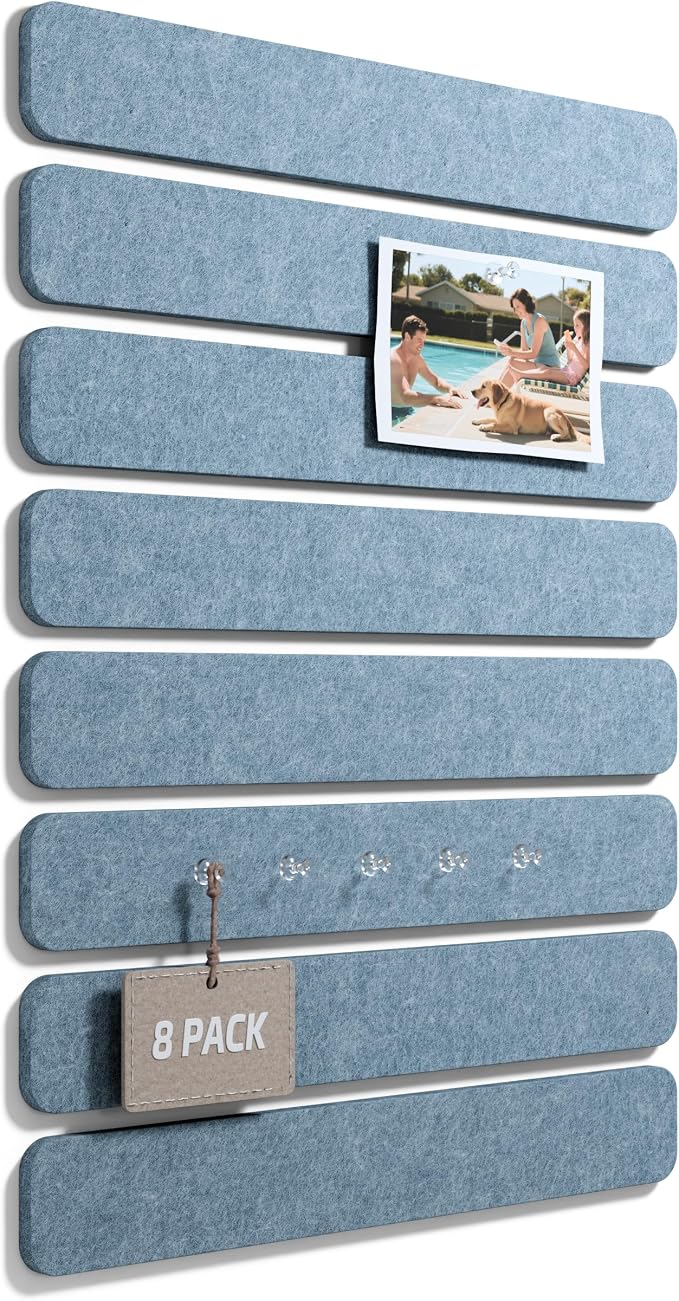Fluxynara 13" x 2" Felt Wall Panels, Dusty Blue | 8-Pack Includes 50 Push Pins and Adhesive Tabs for Photos, Notes and Decor in Bedroom Doors, Home Office or Studios by FLUXYNARA