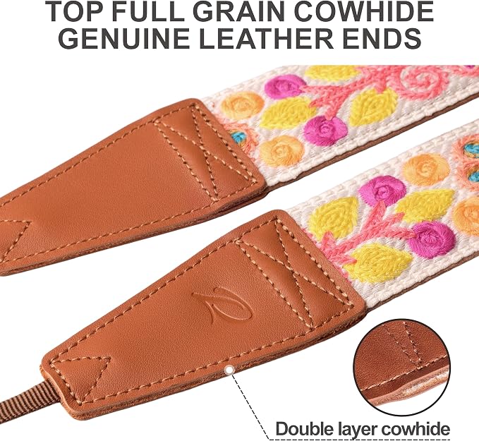 Padwa Lifestyle Colorful Crochet Camera Strap - 2" Full Grain Leather Ends Camera Straps for Photographers, Vintage Woven Cotton Soft Suede Fabric Padded Strap with Quick Release fits All Cameras - Image 2