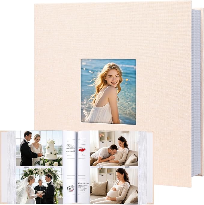 4x6 Photo Album Holds 240 Photos Writing Space, Linen Cover, Beige | Clear Acid-Free Sleeves, Memo Writing Areas, Front Display Window, Baby, Wedding, Travel & Family Picture Keepsakes by Xfveiwoo