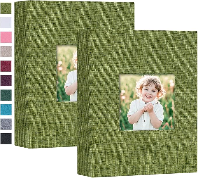 Mublalbum 2 Pack Small Photo Album 4x6, 52 Pockets, Linen Cover,Green | Linen Cover with Display Window, 52 Vertical Pockets, Portable Mini Picture Book for Artwork Postcards, Picture Storage by Mublalbum