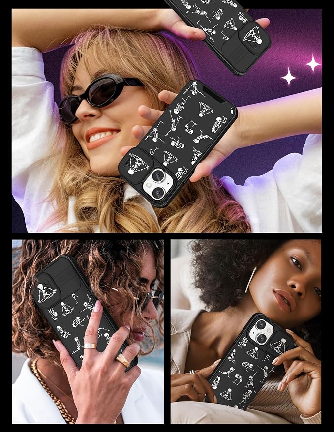 (2in1 for iPhone 13 Case Skeleton Yoga Cute Halloween Phone Cover Funny Skull Design with Slide Camera Cover Protective Black Cool Horror Pattern Teen Cases for iPhone13 6.1'' - Image 6