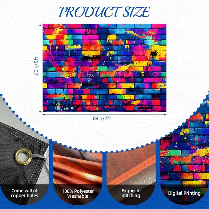 7x5ft Graffiti Backdrop Retro 80s 90s Hip Hop DJ Brick Wall Background | Brick Wall Background for Photoshoot Vibrant Colorful Street Art Backdrop for Birthday Party Graduation & Disco Decor - Image 2
