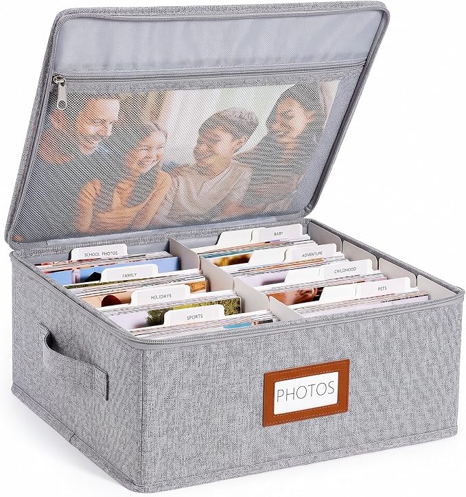 HULISEN Photo Storage Box, Photo Organizer for 2000 4x6 Pictures, Grey | Linen Keepsake Box with Zipper Lid, 8 Dividers, Label Cards Included, Mesh Pocket for Larger Prints, Family Memory Storage by HULISEN