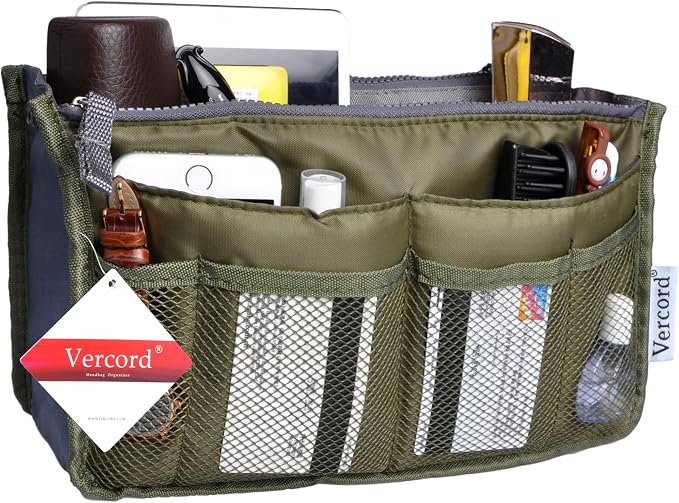 Vercord Purse Organizer Insert for Handbags Bag Organizers Inside Tote Pocketbook Women Nurse Nylon 13 Pockets Army Green Small - Image 2