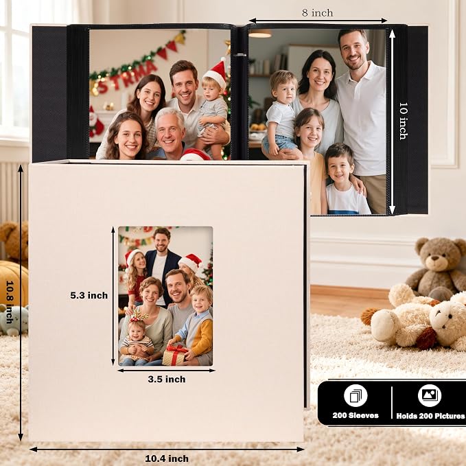 Aevdor Large Capacity 8x10 Photo Album, 200 Photos, Linen Cover, Beige | Black Inner Pages, Vertical 8x10 Layout, Clear Pockets for Photos, Artwork, Postcards & Drawings - Image 2