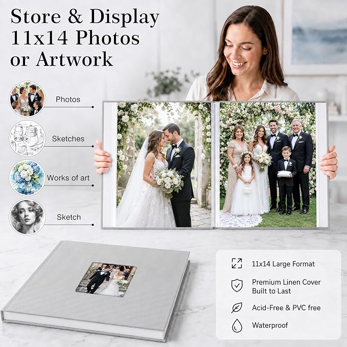 Aevdor 11x14 Photo Album and Art Portfolio, 64 Photos, Linen Cover, Grey | Front Display Window, Clear 11x14 Sleeves for Oversized Prints, Certificates, Artwork & Drawings - Image 2