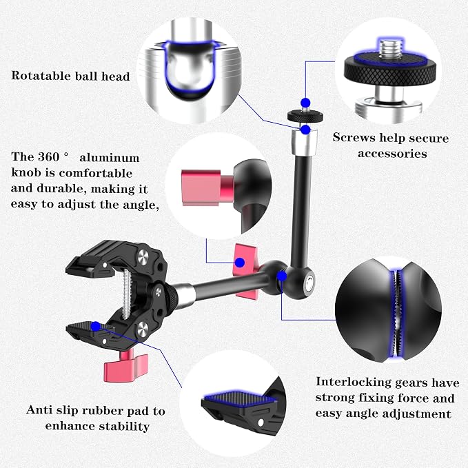 9.8" Magic Arm Clamp Kit with 1/4" 3/8" Screw 360° Ball Heads Articulating Arm with Super Clamp Camera Monitor Mount for Light Monitor Webcam or Camera 1.5kg for Table Tube - Image 5