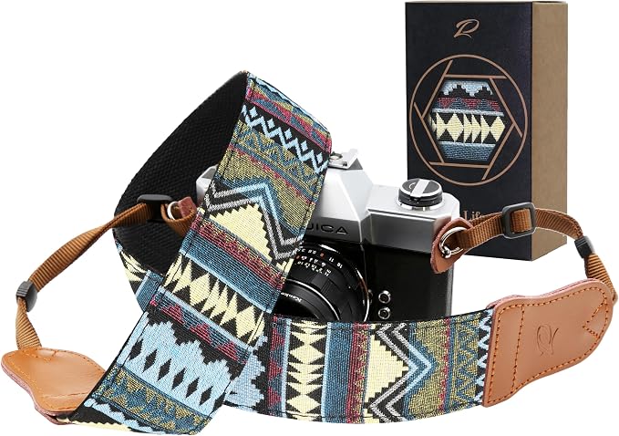 Padwa Lifestyle Camera Strap - 2" Cowhide Head Camera Straps for Photographers,Vintage Jacquard Embroidery Woven Cotton Adjustable Shoulder Neck Straps for Cameras,Binoculars（Cool Ethnic Style Green） by PadwaLifestyleCameraStrap