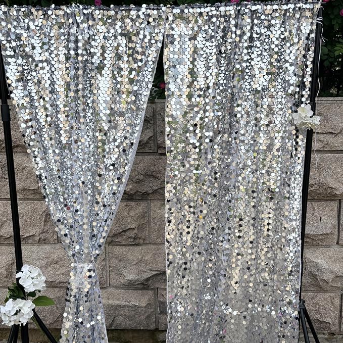 Silver Sequin Backdrop 18MM Large Sequins, 4x10 Feet, 2 Panel Glitter Sparkler Shimmer Backdrop for Decor, Parties, Home - Image 6