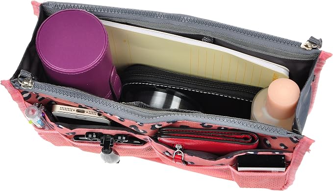 Vercord Purse Organizer Insert for Handbags Bag Organizers Inside Tote Pocketbook Women Nurse Nylon 13 Pockets Pink Leopard Large - Image 6