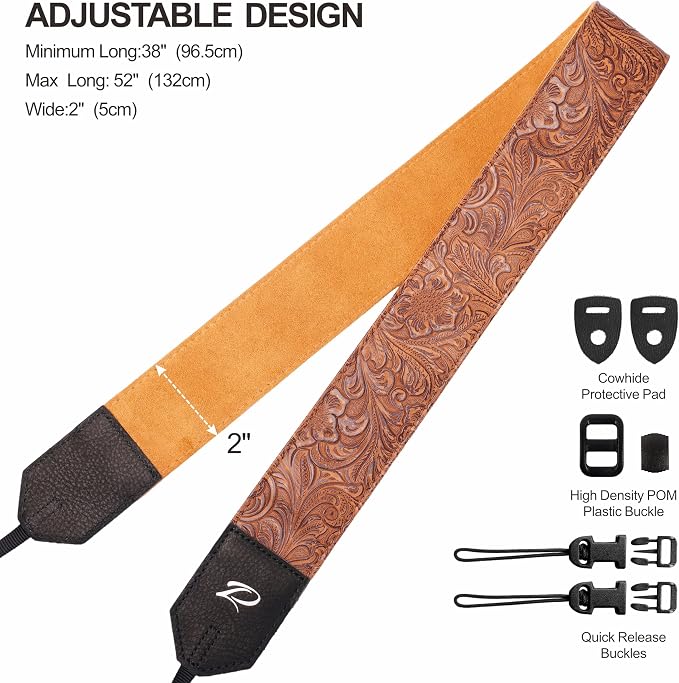 Padwa Lifestyle Camera Strap - 2" Brown Faux Leather Carving Camera Straps with Full Grain Leather Ends for Photographers, Vintage Soft Suede Fabric Padded Strap Quick Release fits All Cameras - Image 6
