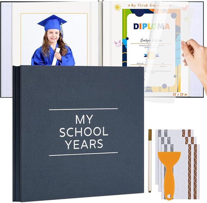 Large School Photo Album 12x12In Self Adhesive 60 Pages Gray Blue | Linen cover, Marker, Corner stickers, School picture album, Kids keepsake by Hiwhy