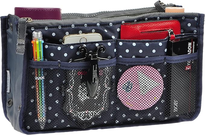 Vercord Purse Organizer Insert for Handbags Bag Organizers Inside Tote Pocketbook Women Nurse Nylon 13 Pockets Navy Blue Dot Small - Image 2