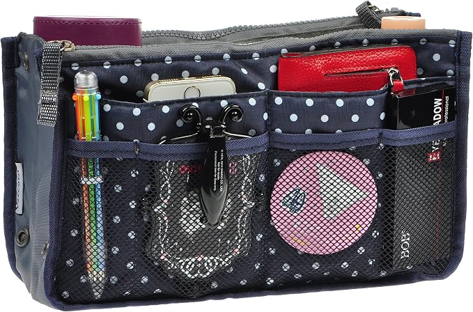 Vercord Purse Organizer Insert for Handbags Bag Organizers Inside Tote Pocketbook Women Nurse Nylon 13 Pockets Navy Blue Dot Large - Image 2