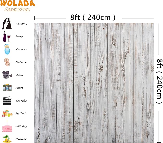 8x8FT Vintage Wood Backdrop Retro Rustic White Gray Wooden Floor Backdrops for Photography Kids Adult Photo Booth Video Shoot Vinyl Studio Prop 11890 - Image 3