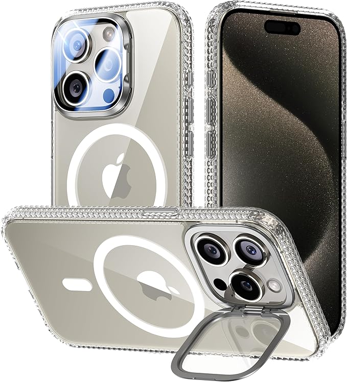 VOFATA [Upgraded] for iPhone 15 Pro Max Case with Camera Cover Stand [Fit for MagSafe][9H Camera Lens Protector] Mil-Grade Protection Transparent Magnetic iPhone 15 Pro Max Phone Case, Clear by VOFATA