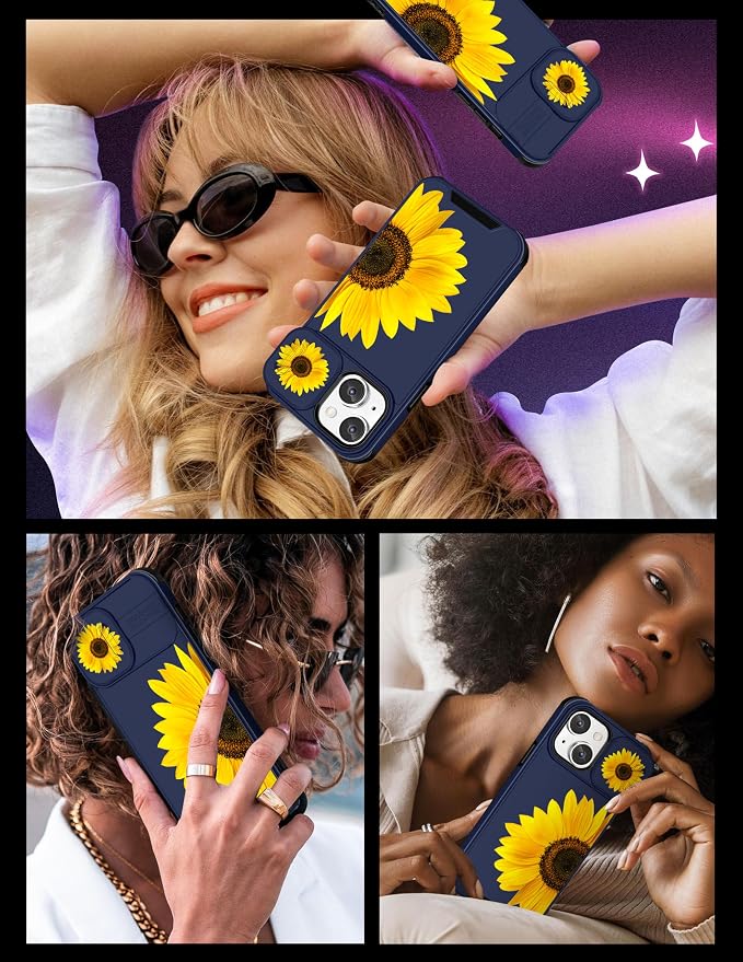 Case for iPhone 12 6.1'' Unique Blue Phone Cover | 2in1, Sunflower Floral, for Women Girls, Girly, Cute Flowers Design, with Slide Camera Cover, Protective, Cases, for iPhone12 - Image 6