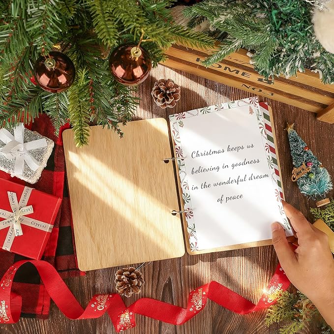 Wooden Christmas Card Keeper Binder Merry Christmas Greeting Card Holder with Rings Xmas Holiday Post Cards Organizer Wood Memories Book for Storage Keepsake Album Photo Notes Gift Winter Past Notes - Image 5