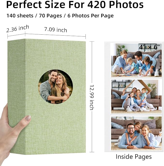 Vienrose Photo Album 4x6 Photos 420 Pockets Linen Cover Slip-in Photo Book with Round Window for Wedding, Vacation Memories, Personalized Picture Organizer, Green - Image 2