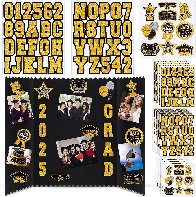 Glenmal 14 Sheets Graduation Photo Display Board Sticker Class of 2026 Black Gold Picture Display Stickers Accessories for 2026 Grad Party College Board Photo Frame Decor (12x10inch, 8.3x8.3inch) by Glenmal